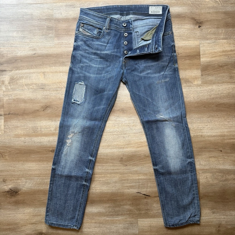 Diesel Sleenker Jeans Men 28x26 Blue Slim‎ Skinny Stretch Patched Distress 0662I